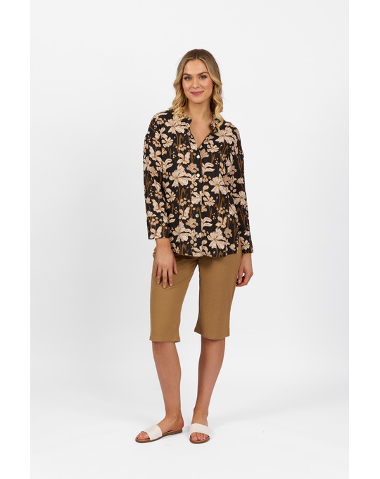 VASSALLI PRINTED LONG SLEEVE CHINESE COLLAR SHIRT WITH SIDE SPLITS