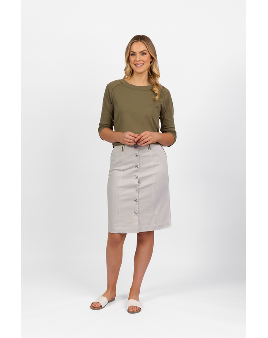 VASSALLI KNEE LENGTH SKIRT WITH CONTRAST BUTTONS AND TRIM