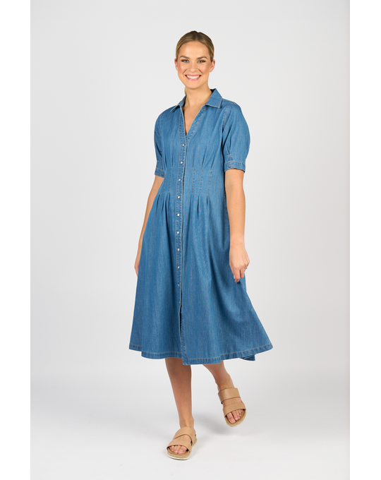 VASSALLI CAP SLEEVE SHAPED WAIST BUTTON UP DRESS WITH POCKETS