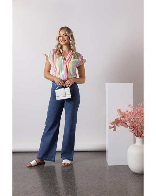 VASSALLI PRINTED DROP SHOULDER TOP WITH SHIRRING DETAIL